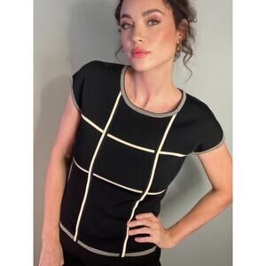 Vintage Carducci Black White Grid Minimalist Short Sleeve Sweater Knit ~ Sz L